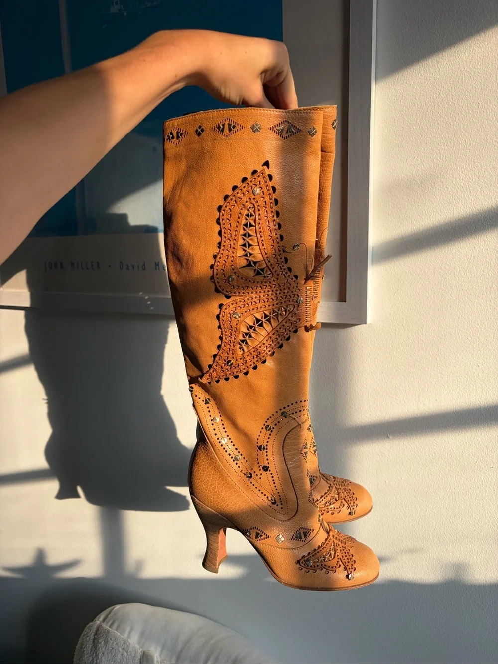 Anna Sui Tan Over-the-Knee Embroidered Leather Boots